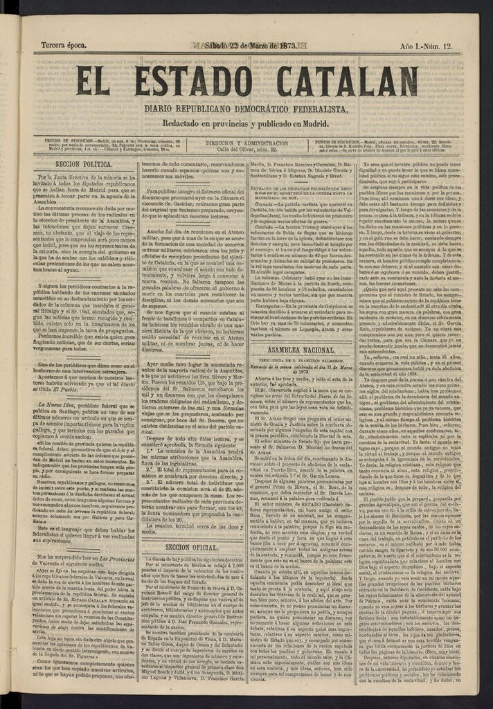 Miniatura de El Estado Catalán: diario republicano democrático federalista del 22 de marzo de 1873