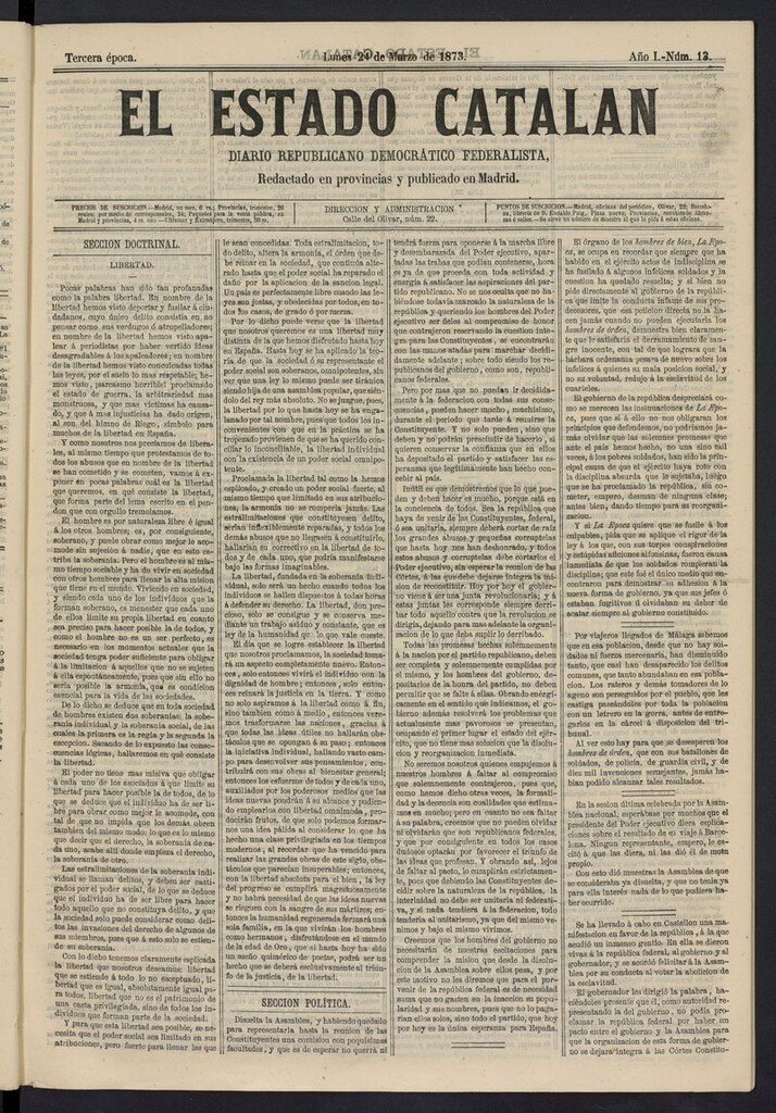 Miniatura de El Estado Catalán: diario republicano democrático federalista del 24 de marzo de 1873