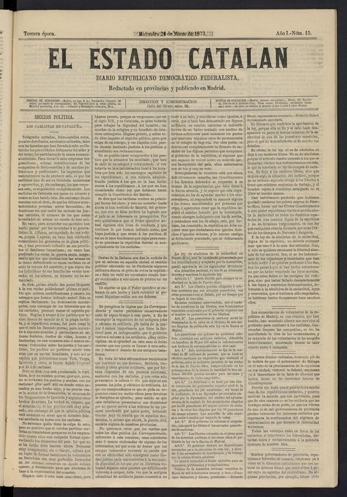 Miniatura de El Estado Catalán: diario republicano democrático federalista del 26 de marzo de 1873