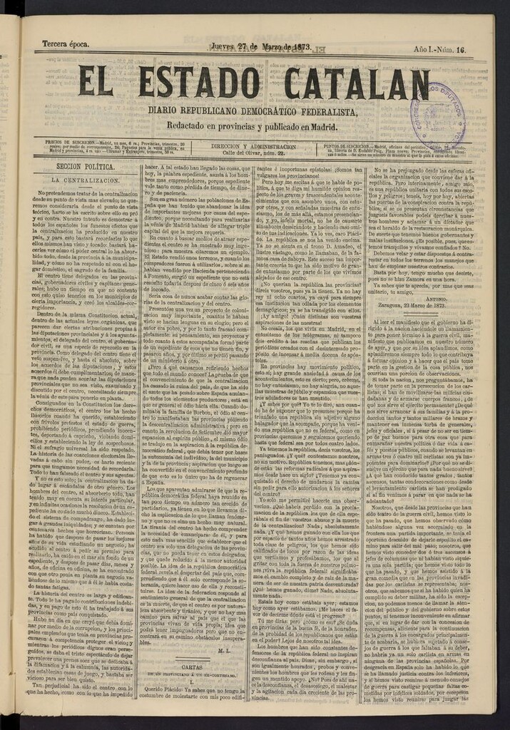 Miniatura de El Estado Catalán: diario republicano democrático federalista del 27 de marzo de 1873
