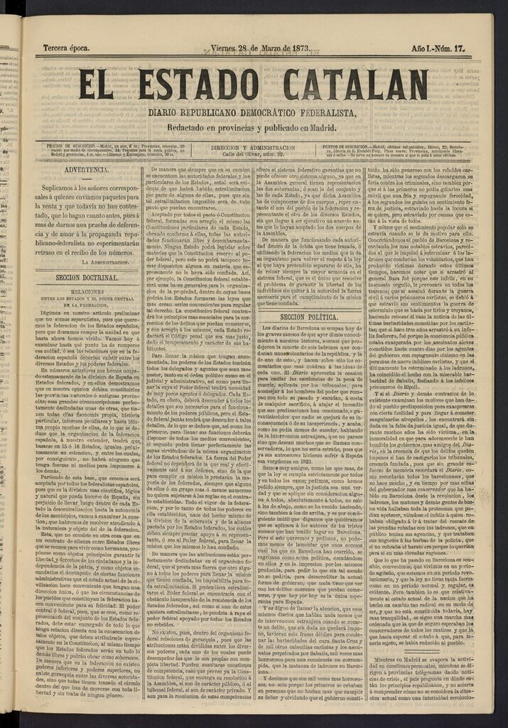 Miniatura de El Estado Catalán: diario republicano democrático federalista del 28 de marzo de 1873