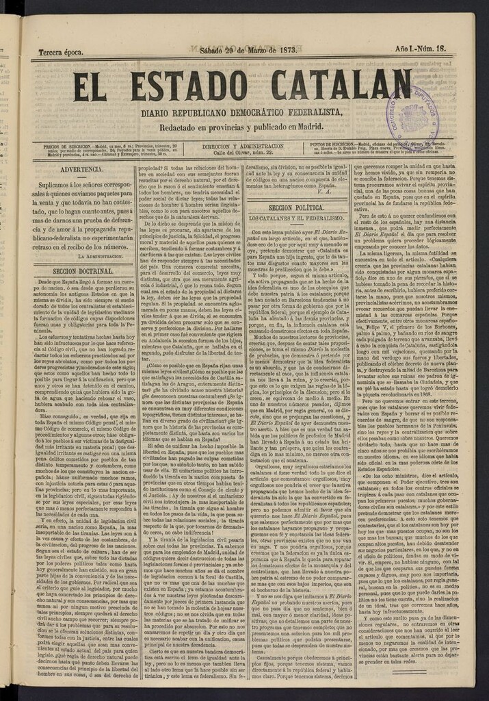 Miniatura de El Estado Catalán: diario republicano democrático federalista del 29 de marzo de 1873