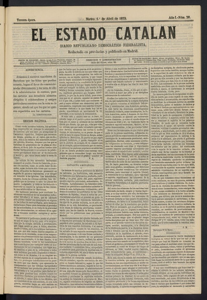 Miniatura de El Estado Catalán: diario republicano democrático federalista del 1 de abril de 1873