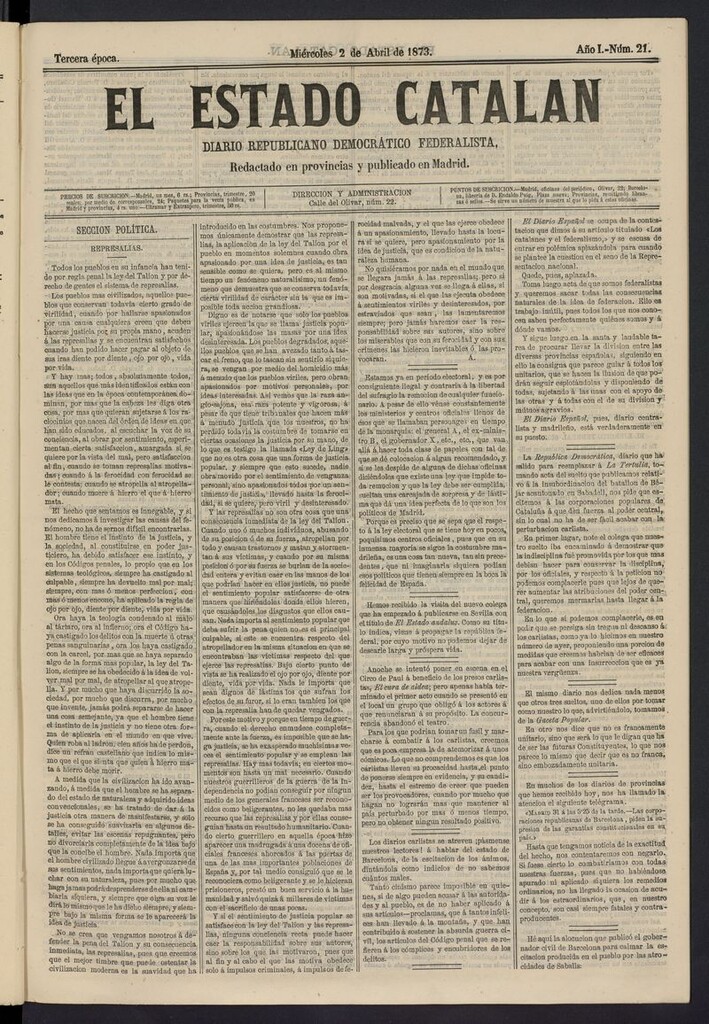 Miniatura de El Estado Catalán: diario republicano democrático federalista del 2 de abril de 1873