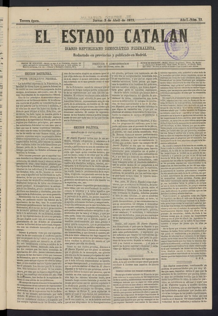 Miniatura de El Estado Catalán: diario republicano democrático federalista del 3 de abril de 1873