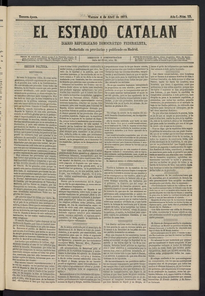 Miniatura de El Estado Catalán: diario republicano democrático federalista del 4 de abril de 1873