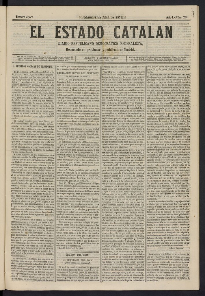 Miniatura de El Estado Catalán: diario republicano democrático federalista del 8 de abril de 1873
