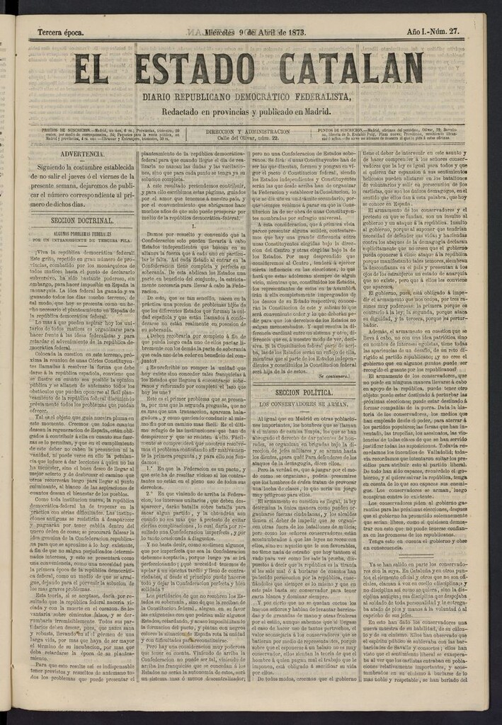 Miniatura de El Estado Catalán: diario republicano democrático federalista del 9 de abril de 1873