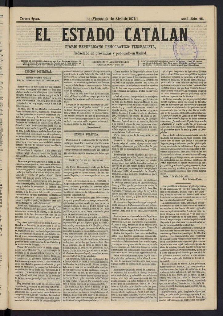 Miniatura de El Estado Catalán: diario republicano democrático federalista del 11 de abril de 1873