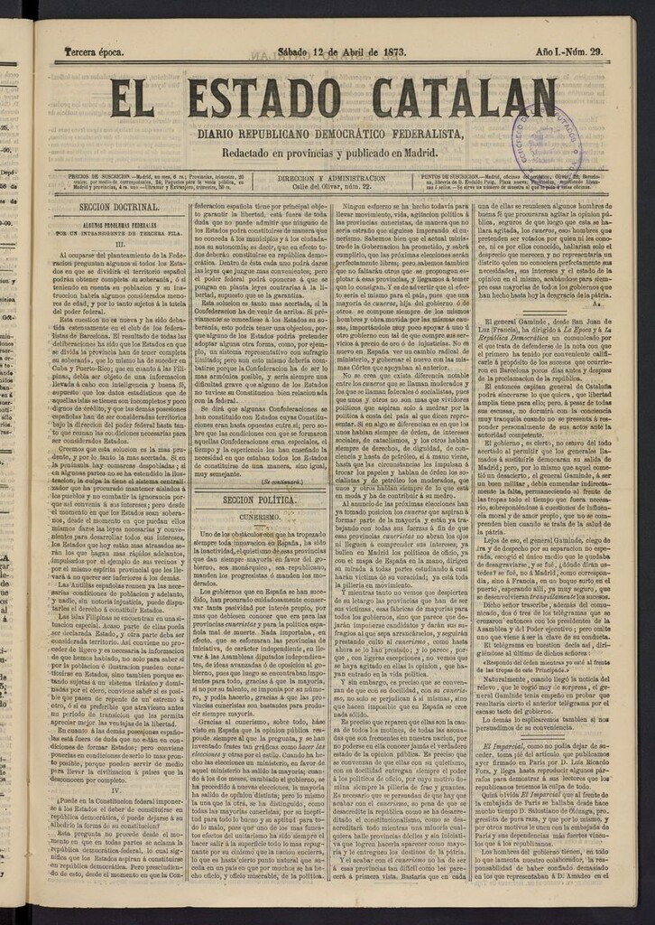 Miniatura de El Estado Catalán: diario republicano democrático federalista del 12 de abril de 1873