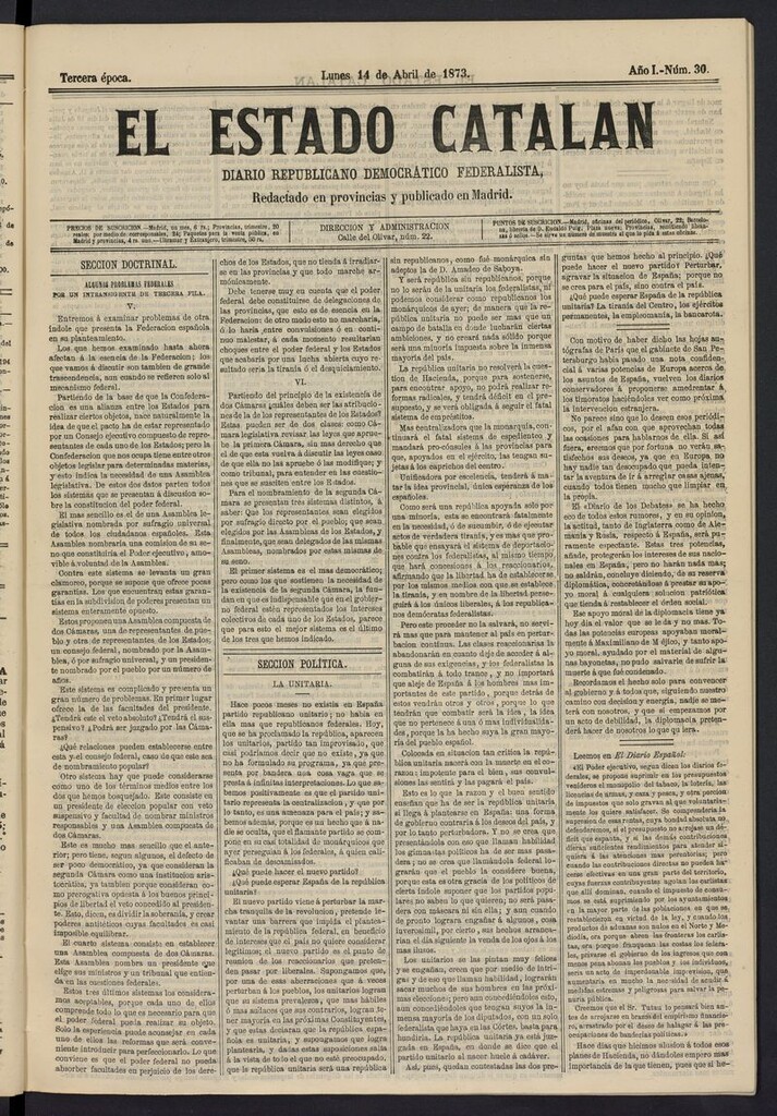 Miniatura de El Estado Catalán: diario republicano democrático federalista del 14 de abril de 1873