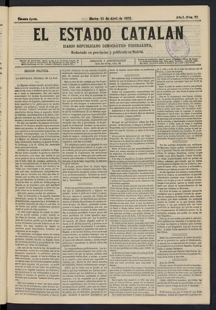 Miniatura de El Estado Catalán: diario republicano democrático federalista del 15 de abril de 1873