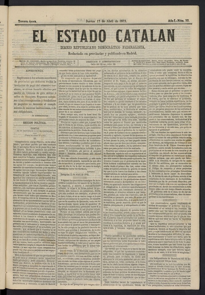 Miniatura de El Estado Catalán: diario republicano democrático federalista del 17 de abril de 1873