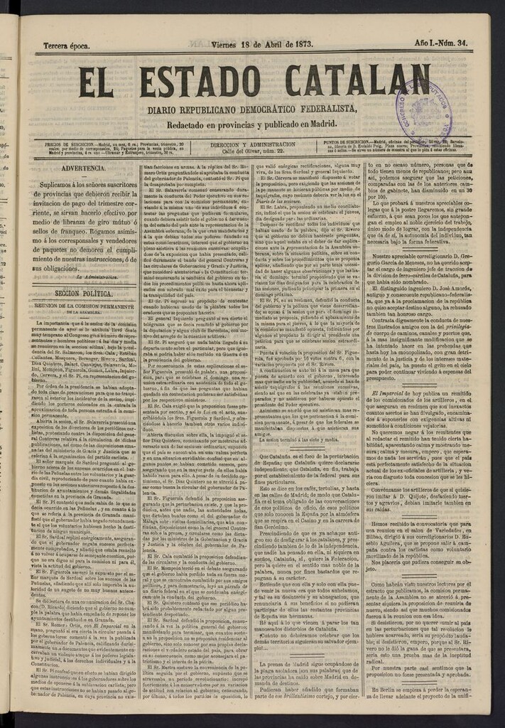 Miniatura de El Estado Catalán: diario republicano democrático federalista del 18 de abril de 1873
