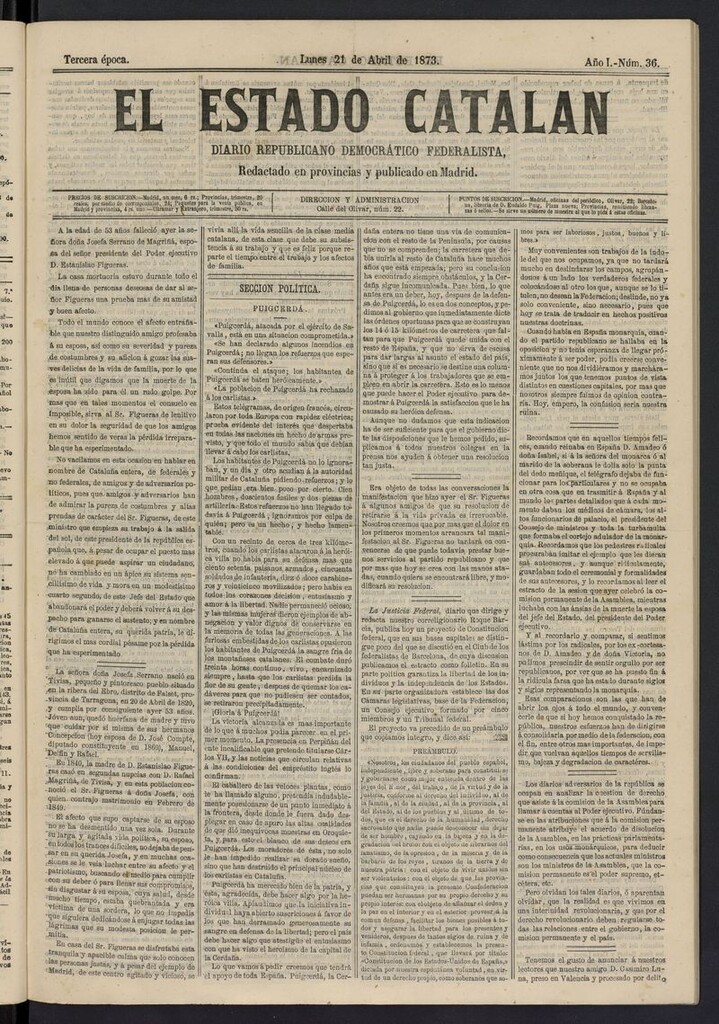 Miniatura de El Estado Catalán: diario republicano democrático federalista del 21 de abril de 1873