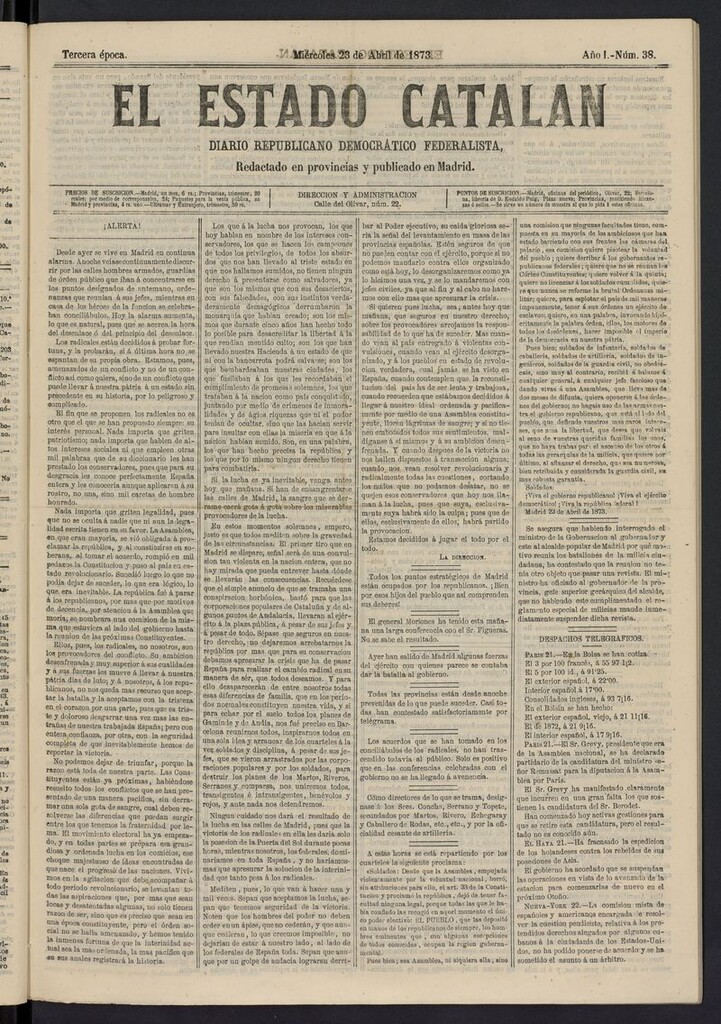 Miniatura de El Estado Catalán: diario republicano democrático federalista del 23 de abril de 1873