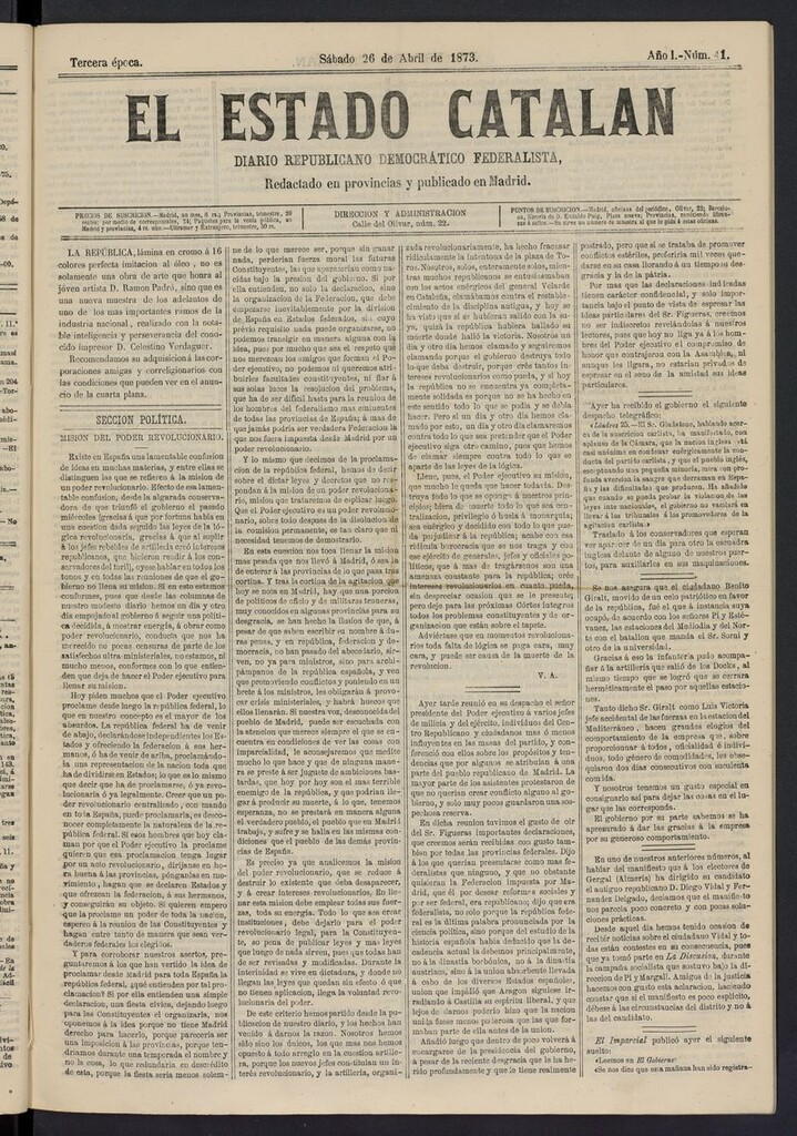 Miniatura de El Estado Catalán: diario republicano democrático federalista del 26 de abril de 1873
