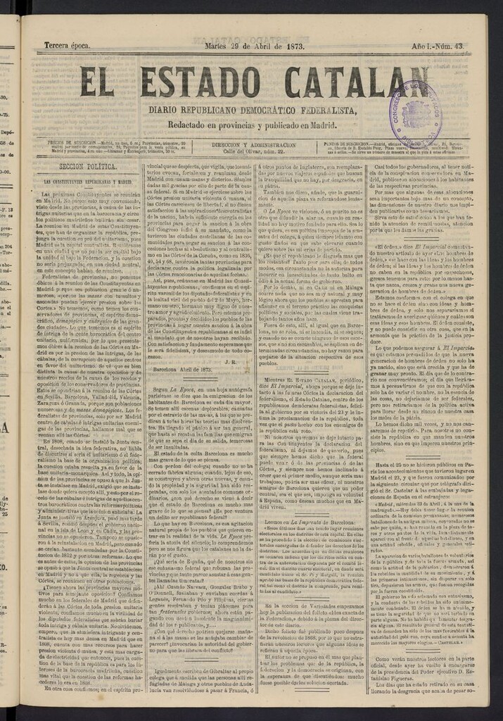 Miniatura de El Estado Catalán: diario republicano democrático federalista del 29 de abril de 1873
