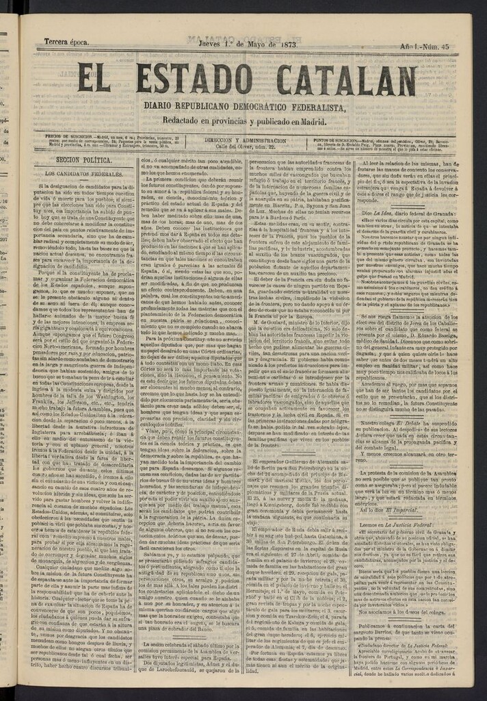 Miniatura de El Estado Catalán: diario republicano democrático federalista del 1 de mayo de 1873