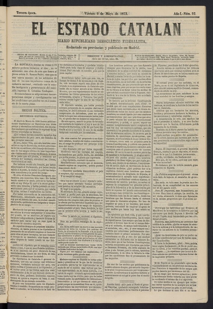 Miniatura de El Estado Catalán: diario republicano democrático federalista del 9 de mayo de 1873