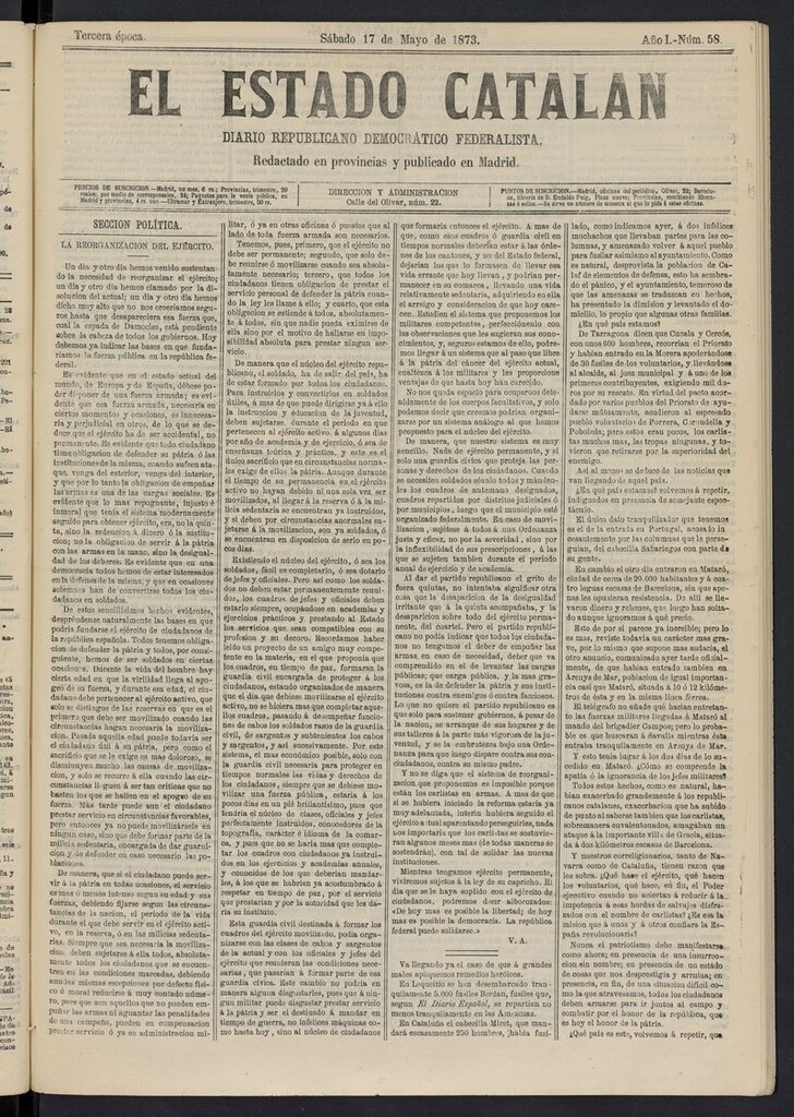 Miniatura de El Estado Catalán: diario republicano democrático federalista del 17 de mayo de 1873