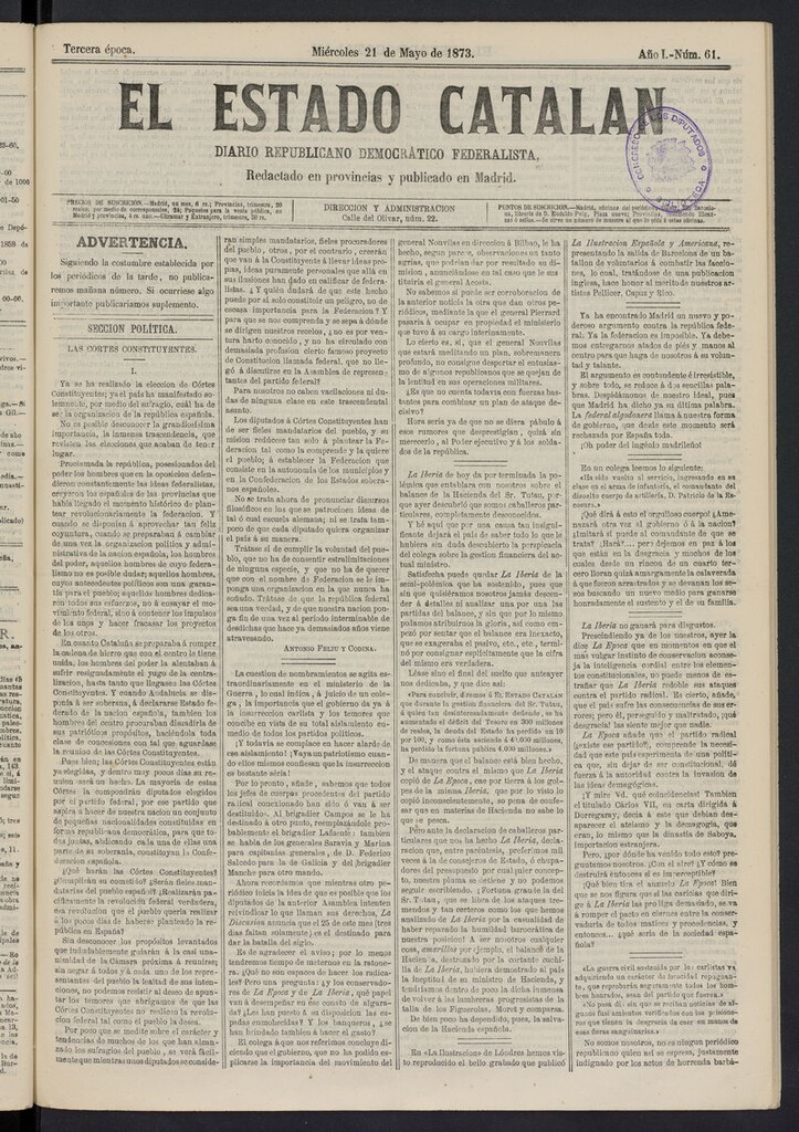 Miniatura de El Estado Catalán: diario republicano democrático federalista del 21 de mayo de 1873