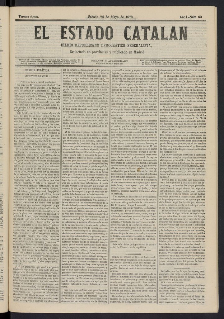 Miniatura de El Estado Catalán: diario republicano democrático federalista del 24 de mayo de 1873
