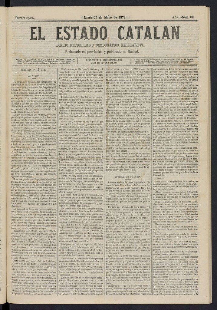 Miniatura de El Estado Catalán: diario republicano democrático federalista del 26 de mayo de 1873