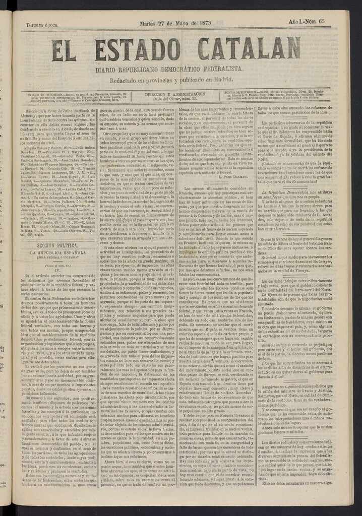 Miniatura de El Estado Catalán: diario republicano democrático federalista del 27 de mayo de 1873