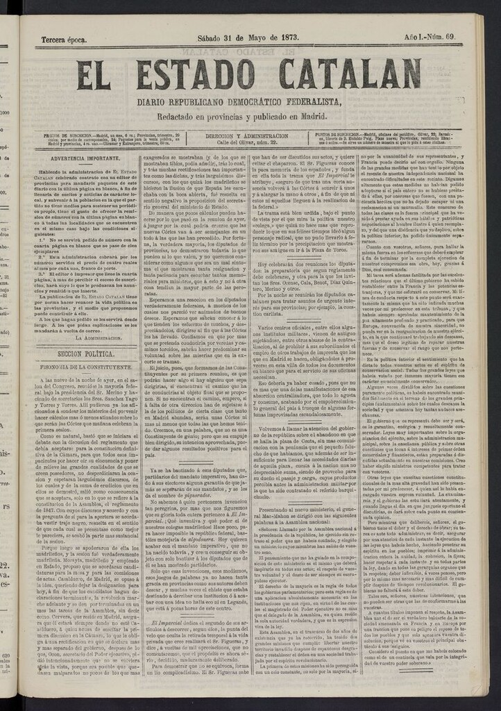 Miniatura de El Estado Catalán: diario republicano democrático federalista del 31 de mayo de 1873