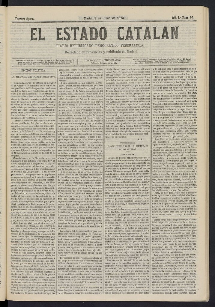 Miniatura de El Estado Catalán: diario republicano democrático federalista del 3 de junio de 1873