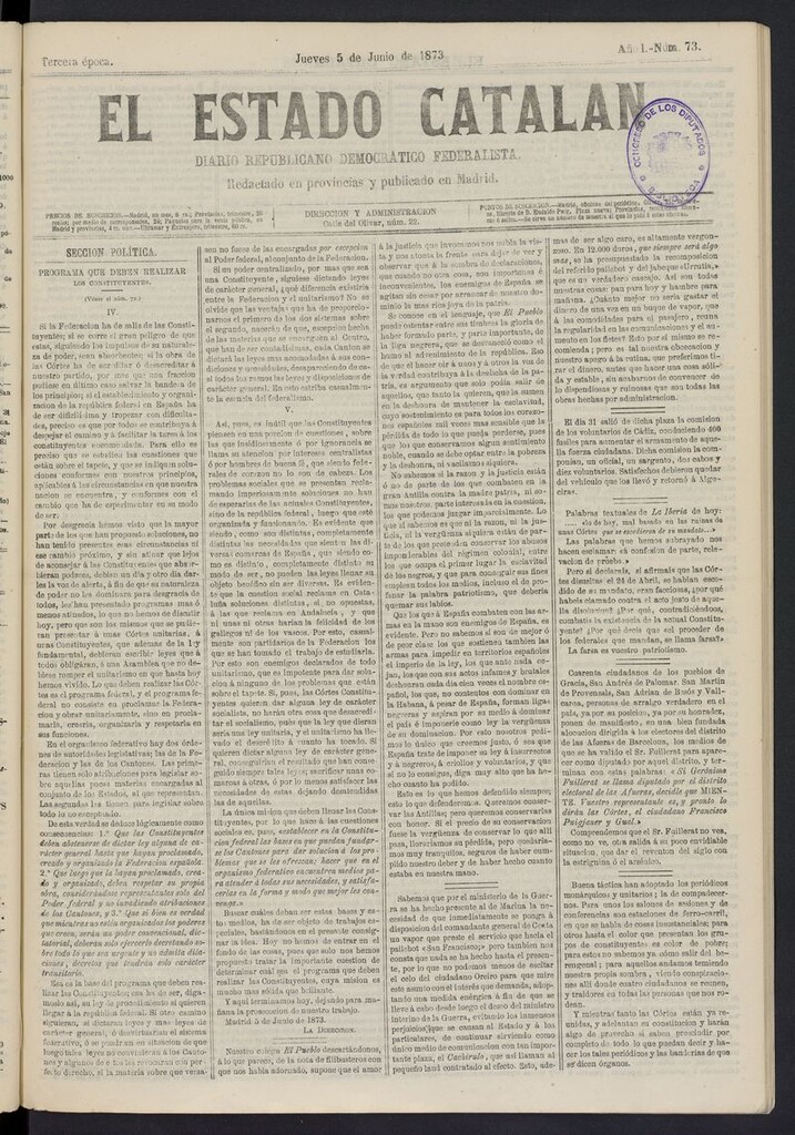 Miniatura de El Estado Catalán: diario republicano democrático federalista del 5 de junio de 1873