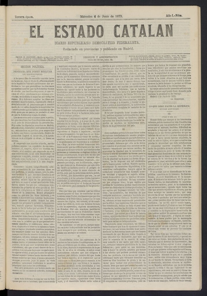 Miniatura de El Estado Catalán: diario republicano democrático federalista del 4 de junio de 1873