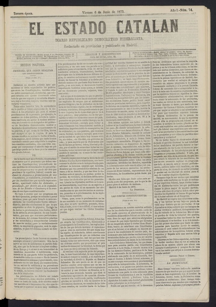 Miniatura de El Estado Catalán: diario republicano democrático federalista del 6 de junio de 1873