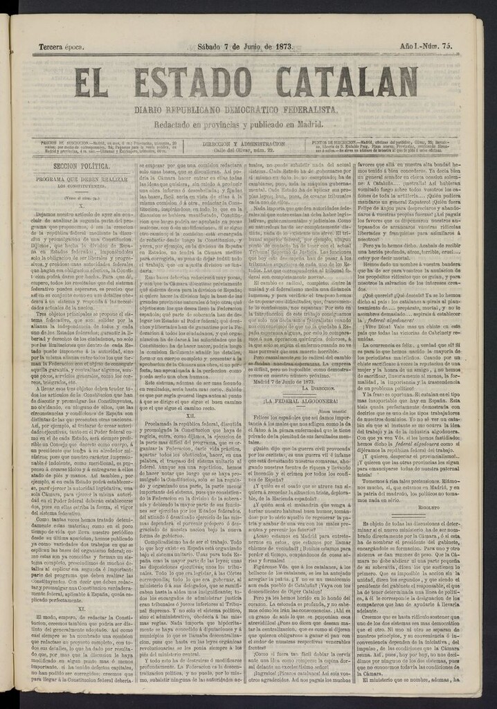 Miniatura de El Estado Catalán: diario republicano democrático federalista del 7 de junio de 1873