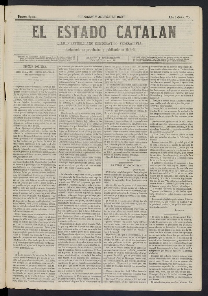 Miniatura de El Estado Catalán: diario republicano democrático federalista del 7 de junio de 1873