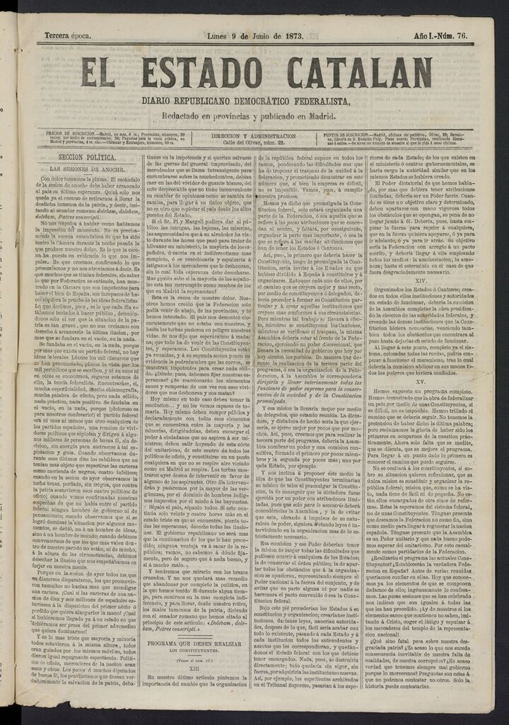 Miniatura de El Estado Catalán: diario republicano democrático federalista del 9 de junio de 1873
