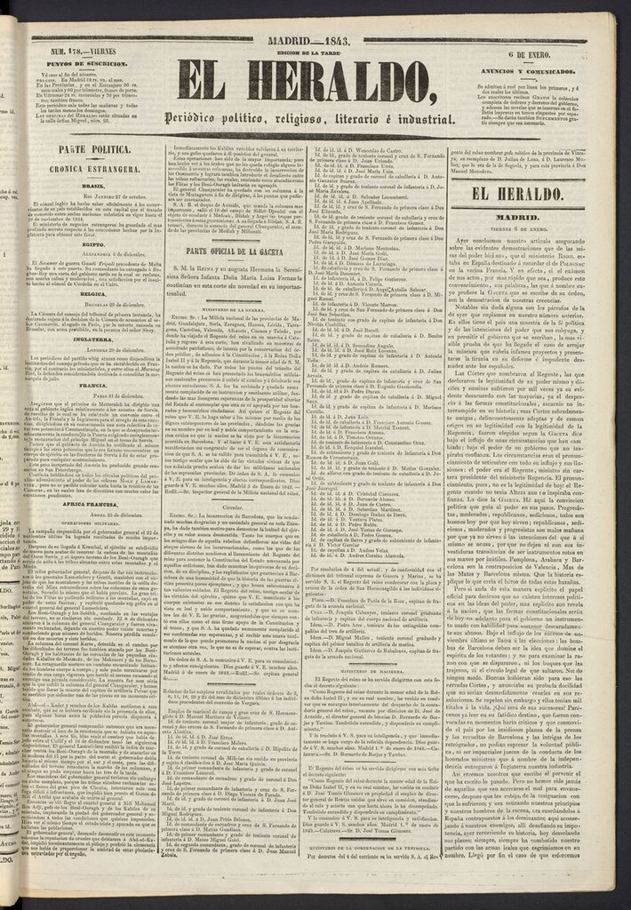 Miniatura de El heraldo, periódico de la tarde del 6 de enero de 1843