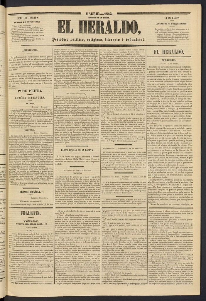 Miniatura de El heraldo, periódico de la tarde del 14 de enero de 1843