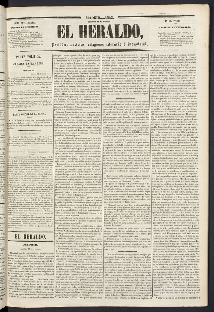 Miniatura de El heraldo, periódico de la tarde del 17 de enero de 1843