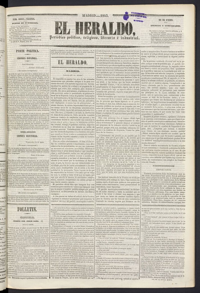 Miniatura de El heraldo, periódico de la tarde del 20 de enero de 1843