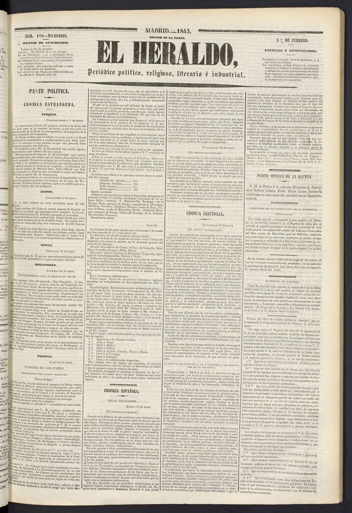 Miniatura de El heraldo, periódico de la tarde del 1 de febrero de 1843