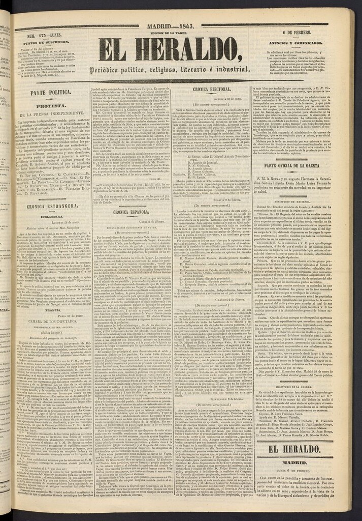 Miniatura de El heraldo, periódico de la tarde del 6 de febrero de 1843
