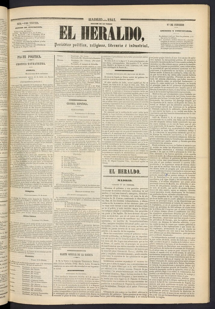 Miniatura de El heraldo, periódico de la tarde del 17 de febrero de 1843