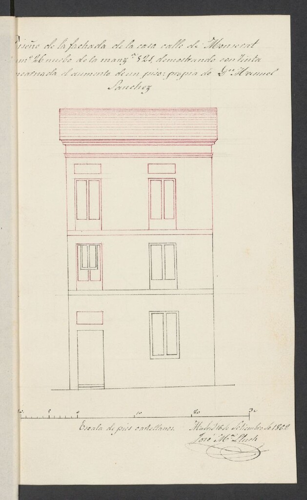 Miniatura de D. Manuel Sánchez, dueño de la casa calle de Montserrat, nº 26, de la manzana 521, pidiendo licencia, para levantar un piso 2º sobre los existentes, arreglar los huecos del principal y pidiendo su revoco.