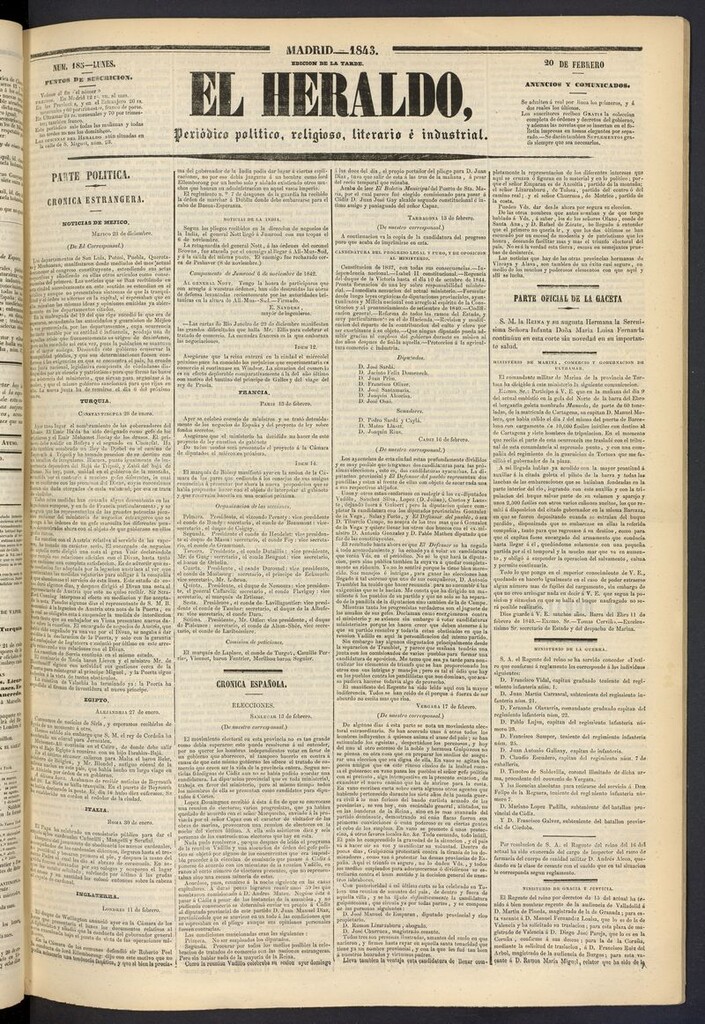 Miniatura de El heraldo, periódico de la tarde del 20 de febrero de 1843