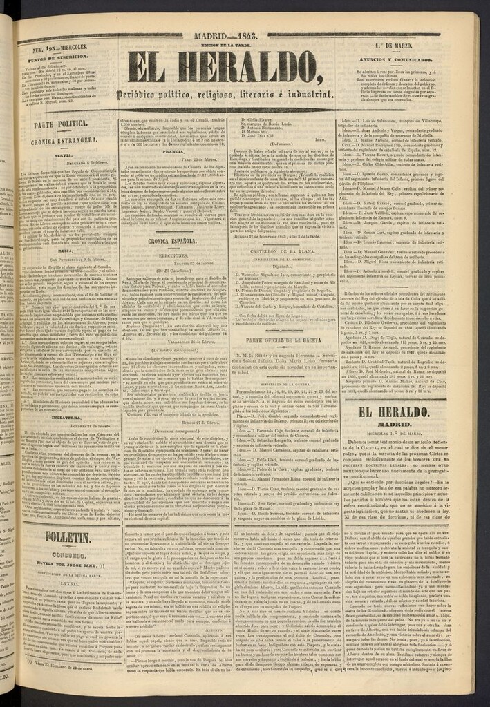 Miniatura de El heraldo, periódico de la tarde del 1 de marzo de 1843