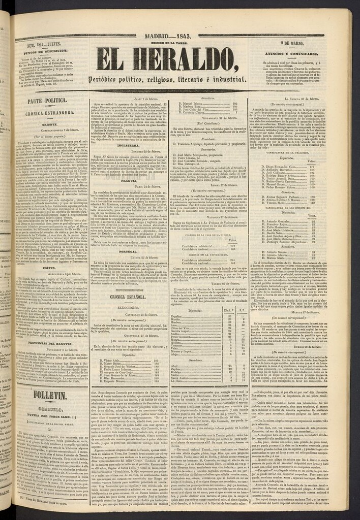 Miniatura de El heraldo, periódico de la tarde del 2 de marzo de 1843