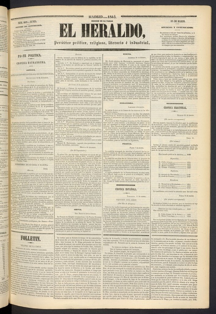 Miniatura de El heraldo, periódico de la tarde del 13 de marzo de 1843