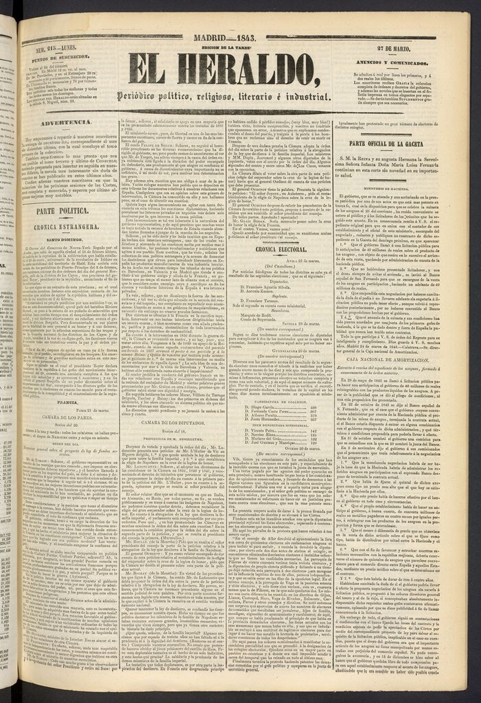 Miniatura de El heraldo, periódico de la tarde del 27 de marzo de 1843